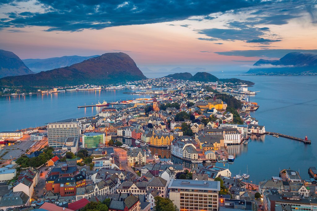 Alesund, Norway. Cityscape image of Alesund, Norway at dawn.